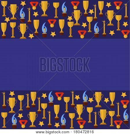 Blue templater with sport cups and medals, flat. Vector.