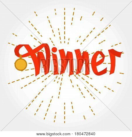Lettering winner made with red ribbon with medal on dotten radial lines. Vector. Sign of success, victory.