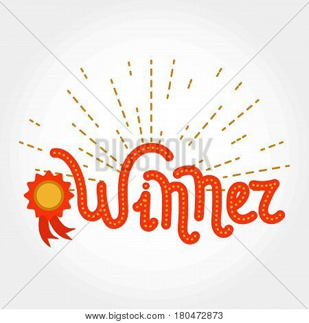 Red lettering winner with medal. Vector. Triumph achievement