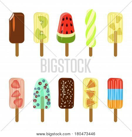 Set of Popsicles with berries and fruits isolated ob white background. Top view ice-cream vector illustration eps 10