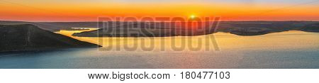 Panorama view of magnificent sunset scenery on the Dniester river national park Podillya Tovtry Ukraine