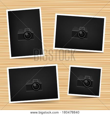 Paper horizontal vertical and square photo set on brown wooden background. Empty exhibition collection of template to insert your photography. Picture collection. Camera symbol for default show