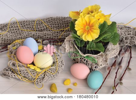 Primrose flowers with Easter eggs In a nest of knitted wool, willow branches and a silk scarf.