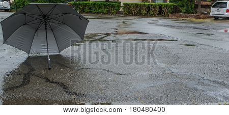 Black umbrella blown into street in the rain