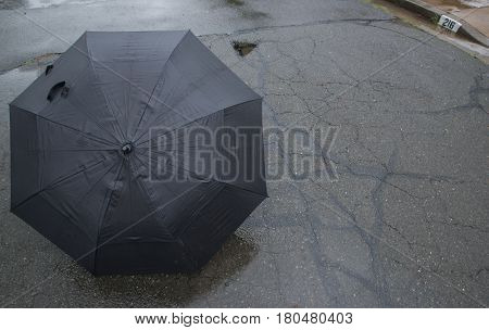 Umbrella blown into street during the rain