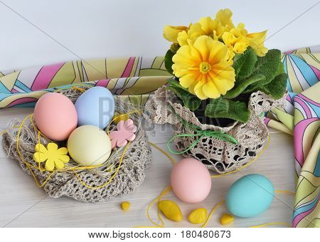 Primrose flowers with Easter eggs In a nest of knitted wool, willow branches and a silk scarf.