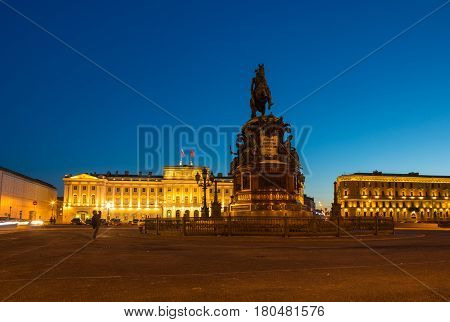 Saint Isaac's Square or Isaakiyevskaya Ploshchad in Saint Petersburg Russia is a major city square sprawling between the Mariinsky Palace and Saint Isaac's Cathedral