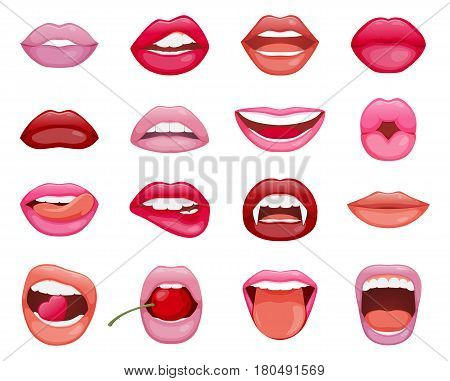 Set of sixsteen womans lips. Glossy smiling mouth that kiss and show tongue, teeth. Vector illustration