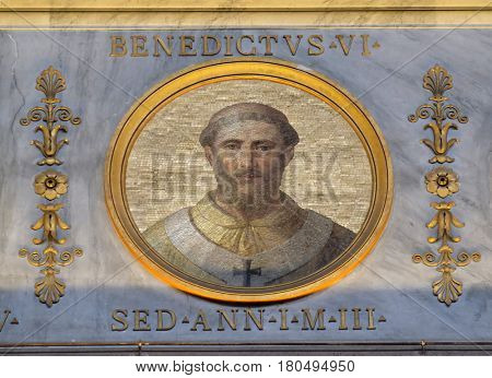ROME, ITALY - SEPTEMBER 05, 2016: The icon on the dome with the image of Pope Benedict VI was Pope from 19 January 973 to his death in 974 in the basilica of Saint Paul Outside the Walls, Rome