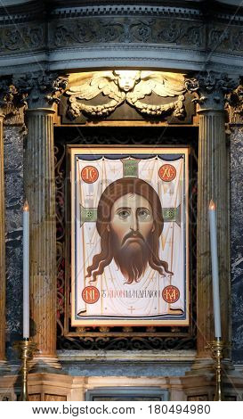 ROME, ITALY - SEPTEMBER 03: Icon of Christ called the Mandylion or Image of Edessa, Basilica of Saint Sylvester the First (San Silvestro in Capite) in Rome, Italy on September 03, 2016.