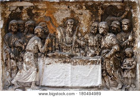 ROME, ITALY - SEPTEMBER 03: Bass relief in Basilica of Saint Sylvester the First (San Silvestro in Capite) in Rome, Italy on September 03, 2016.
