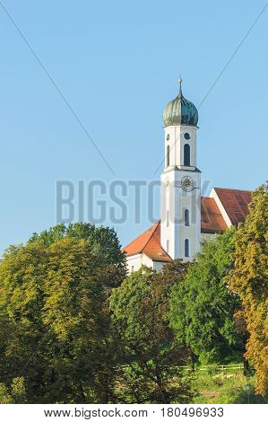 Serene and calm vertical view of old antique church in Bavarian town Schongau