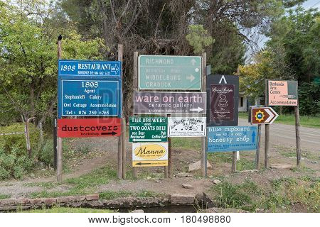 NIEU BETHESDA SOUTH AFRICA - MARCH 21 2017: Signboards at a street corner in Nieu-Bethesda an historic village in the Eastern Cape Province