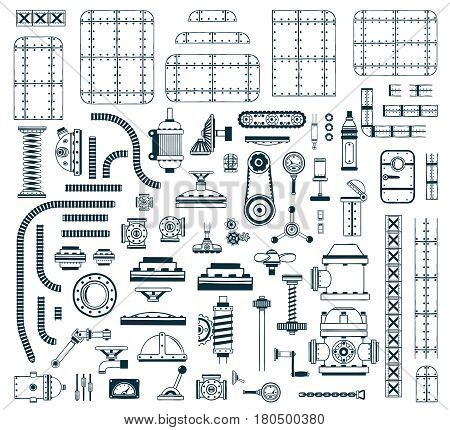 A set of monochrome steampunk spare parts for creating a robot machine device or apparatus. Vector illustration.