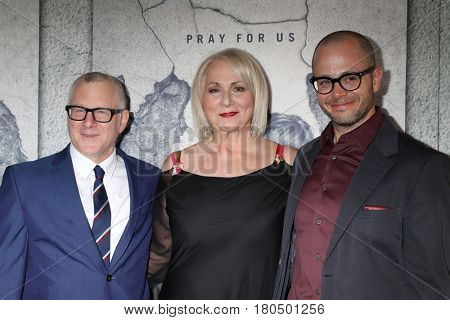 LOS ANGELES - APR 4:  Tom Perotta, Mimi Leder, Damon Lindelof at the Premiere Of HBO's 