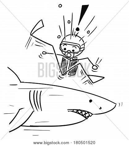 Cartoon vector stickman scuba diver meet large dangerous shark unexpectedly