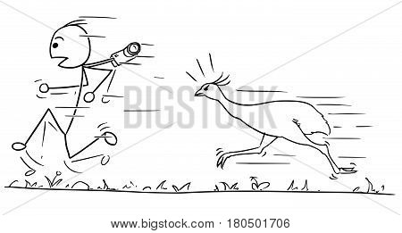 Cartoon vector stickman man is running away fast hunted by angry ostrich bird