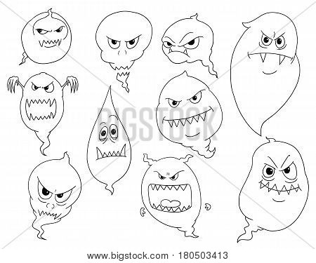 Set of Evil Creepy Cartoon Vector Ghosts