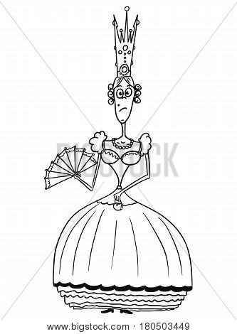 Cartoon vector fantasy medieval queen monarch female sovereign with crown fan and handbag