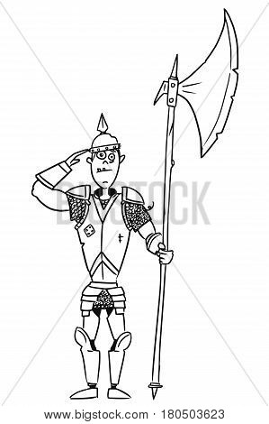 Cartoon vector old fantasy medieval knight royal guard soldier with armor and halberd axe
