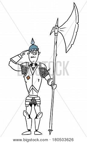 Cartoon vector old fantasy medieval knight royal guard soldier with armor and halberd axe