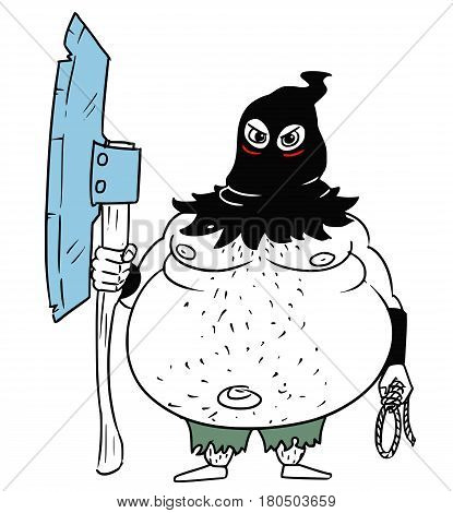 Cartoon vector fantasy medieval executioner hangman headsman with large axe rope and black hood