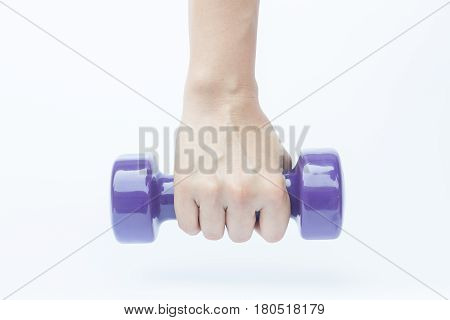 Woman hand holding dumbbell weight isolated on white background, stock photo