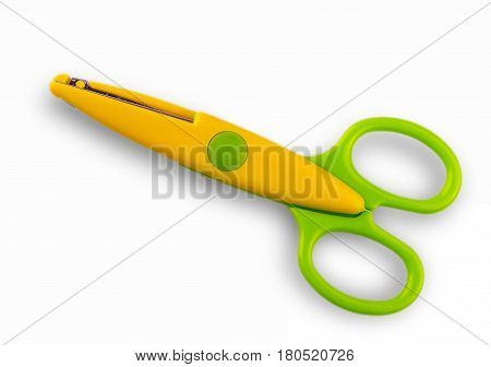 Colore baby scissors cut out on a white background. View from above