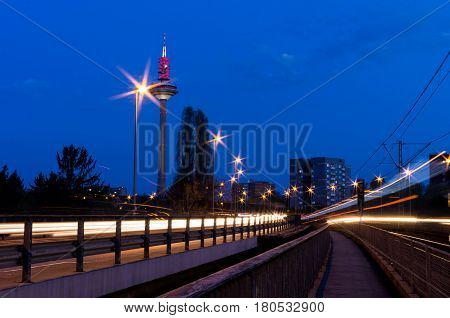 FRANKFURT AM MAIN - April 03 2017 : The Tower of Europe (Europaturm) at night in the city of Frankfurt am Main in Germany