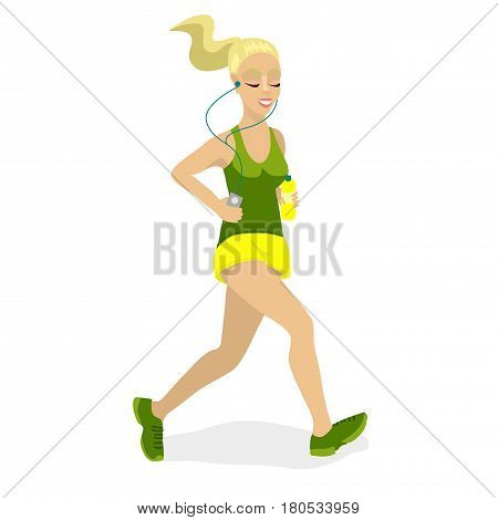 Girl running with closed eyes, enjoying jogging., Leading a healthy lifestyle. Cartoon characters vector illustration.