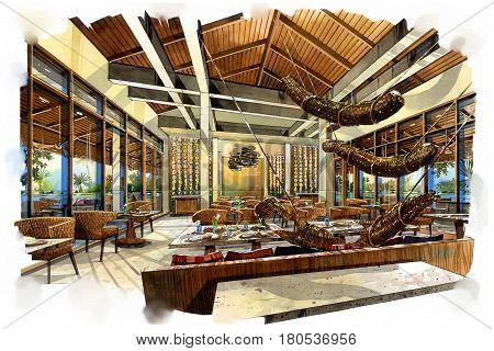 sketch perspective interior restaurant in watercolor on paper.