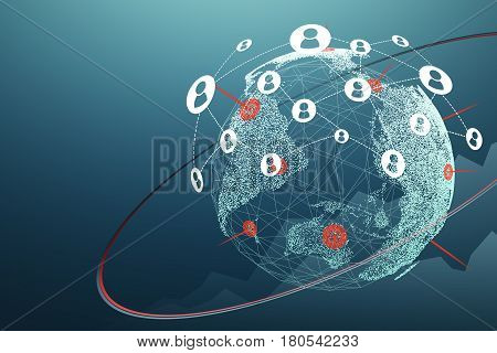Planet Earth with a red ring around it a graph in the corner and a network sketch. Concept of globalization. Mock up.