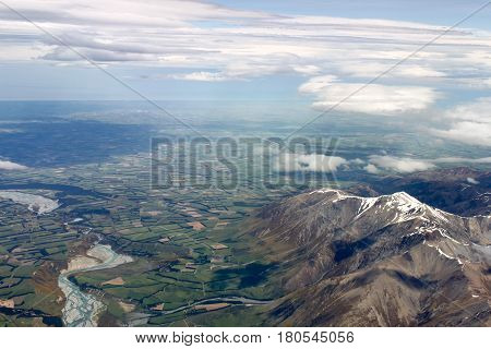 Aerial view of New Zealand mountains South Island. Photo is taken from airplane heading from Sydney to Christchurch.