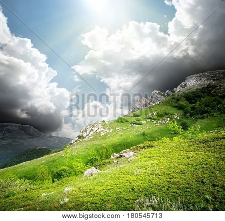 Storm clouds over the meadow chater dag. Ukraine
