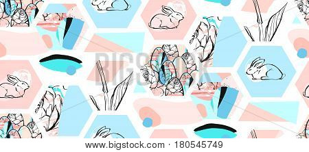 Hand drawn vector abstract artistic textured hexagon shapes Easter collage seamless pattern with graphic flowersbunny and Easter eggs in pastel colors isolated on white background.Cute decoration.