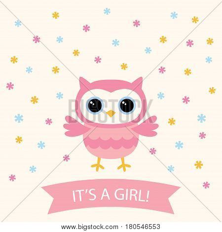 Baby girl arrival card with a cute cartoon owls
