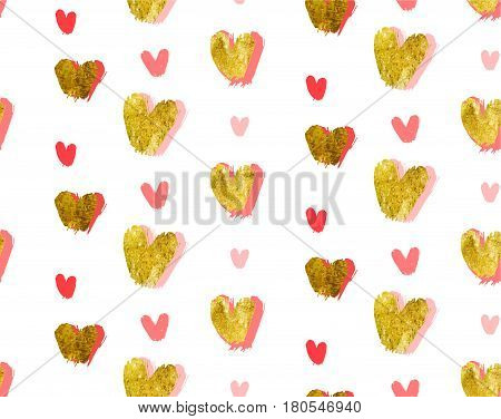 Hand made vector abstract Valentines day concept seamless pattern with golden foil textured and pink hand drawn hearts isolated on white backgroundDesign for decorationfashion fabricsave the date