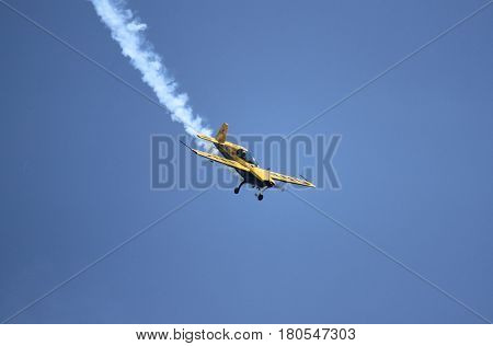ROME - JUNE 3: The italian pilot Francesco Fornabaio performs on a Breitling Extra 300 airplane at the Rome International Air Show on June 3 2012 in Rome Italy