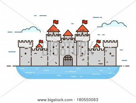 Linear style castle color vector illustration. Medieval castle with towers and walls with flags surrounded by water. Guard and protection concept. Opened gate.