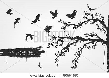 figures of flying birds, trees in grunge style colors