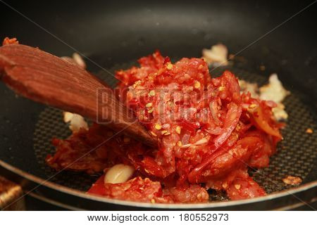 Cooking Spicy Meat With Tomato Dip By Chef.