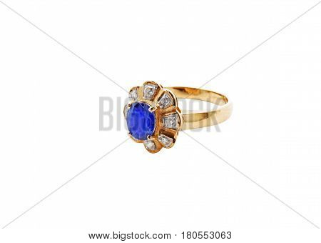 Blue Diamond Gold Ring with Clipping Path on White Background