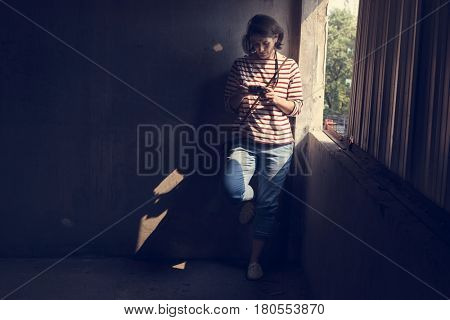Woman traveler photographer holiday lifestyle trip