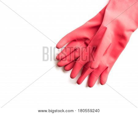 Closeup Red rubber gloves for cleaning on white background workhouse concept