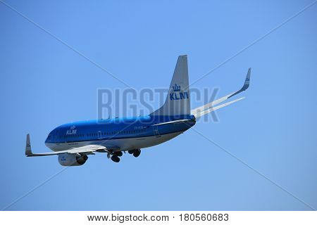 Amsterdam the Netherlands - April 2nd 2017: PH-BGN KLM Royal Dutch Airlines Boeing 737-700 takeoff from Polderbaan runway Amsterdam Airport Schiphol