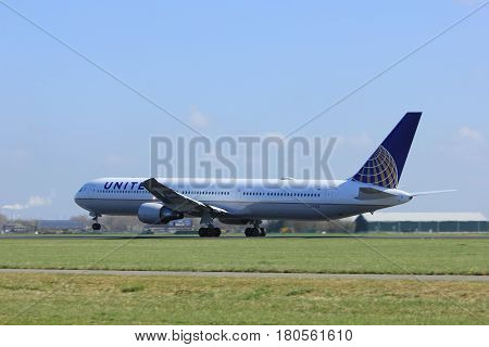 Amsterdam the Netherlands - April 2nd 2017: N67058 United Airlines Boeing 767-400 takeoff from Polderbaan runway Amsterdam Airport Schiphol