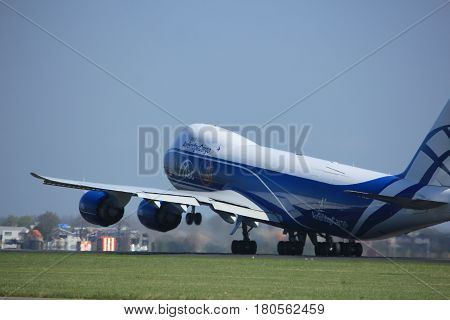 Amsterdam the Netherlands - April 2nd 2017: VQ-BLR AirBridgeCargo Boeing 747-8F takeoff from Polderbaan runway Amsterdam Airport Schiphol