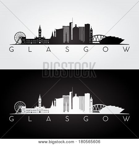 Glasgow skyline and landmarks silhouette black and white design vector illustration.