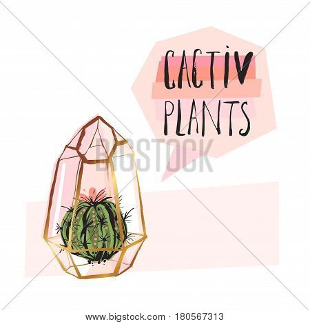 Hand drawn vector abstract succulent plant illustration with rough terrarium and succulent plant in pastel colors isolated on white bakground.Design for decorationfashionfabricjournalingsignlogo