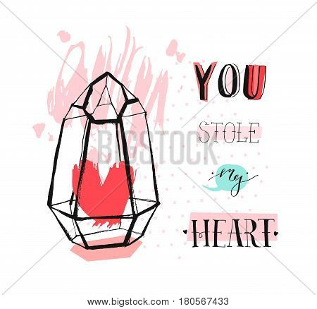 Hand drawn vector abstract graphic Love concept greeting card design with rough heartt in glass terrarium and modern calligraphy phase You stole my heart in pastel color isolated on white background